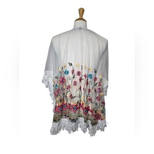 Embroidered Floral Sheer Shawl Wrap Fringe Boho Festival Kimono One Size
